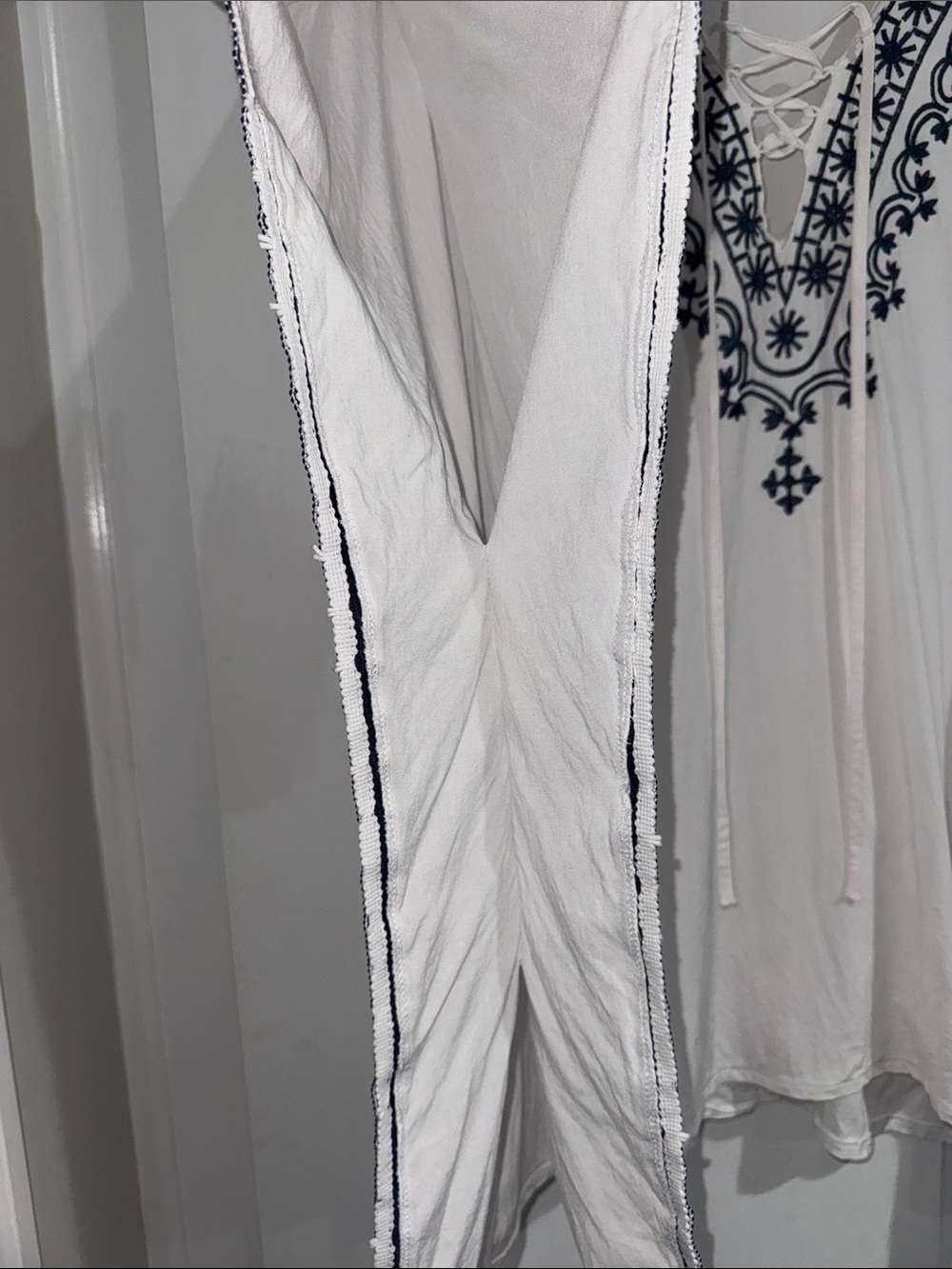 White Boho Lace-Up Kaftan with Navy Embroidery - Picture 5 of 5
